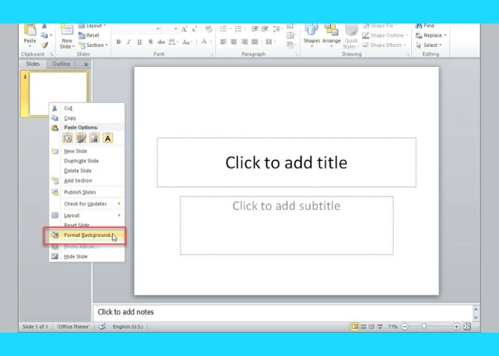 Nhấn chuột vào biểu tượng Slide nhỏ chọn "Format Background"