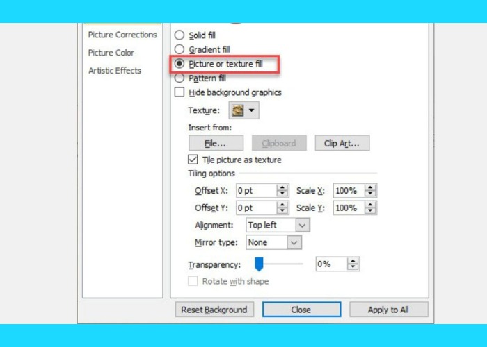 Nhấn chọn vào "Picture or texture fill"