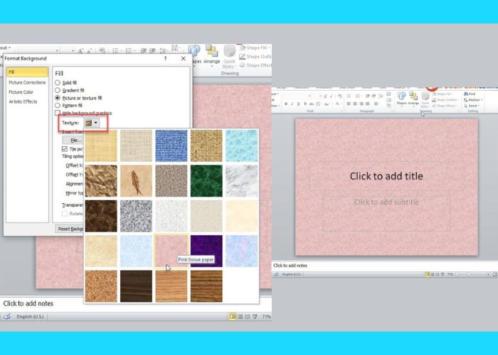 Chọn "Texture" tiếp tục chọn vào một hình nền được