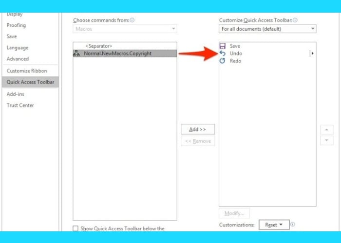 Nhấn “Add” để đưa nó lên thanh công cụ Quick