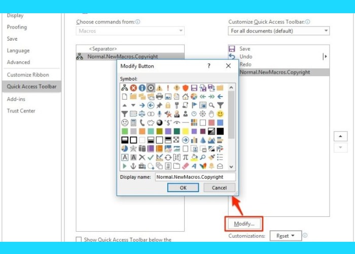 Gán biểu tượng cho Macro bằng cách chọn “Modify”