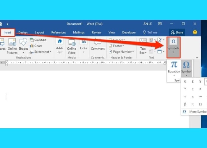 Chọn ký tự cần chèn từ Insert tiếp tục nhấn