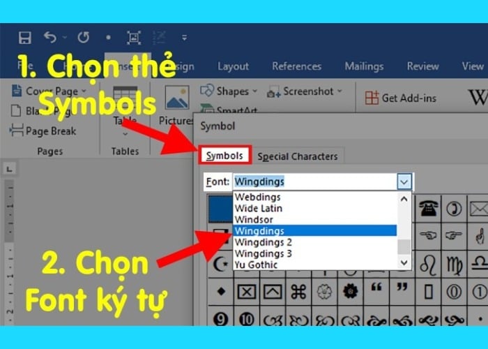 Tại thẻ “Symbols” chọn tiếp Font ký tự