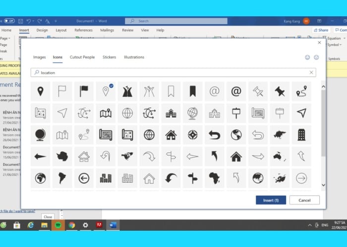 Nhập từ khóa "Location" tiếp tục chọn "Insert"
