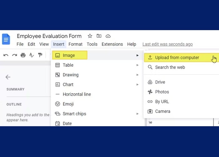 Chọn “Insert” tiếp tục vào “Image” click “Upload from computer”