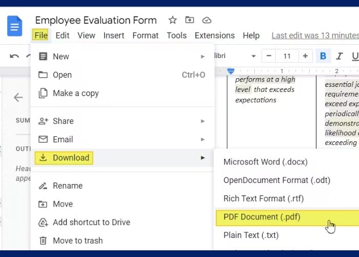 Nhấn “File” chọn “Download” click vào “PDF Document (.pdf)”