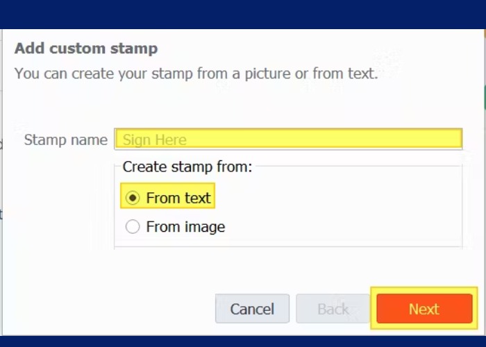 Đặt tên cho con dấu sau đó nhấn "Next"