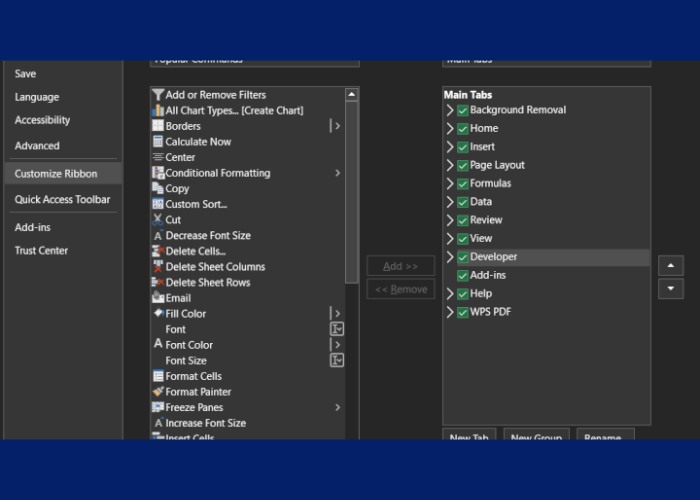 Vào "Customize Ribbon" tùy chọn "Developer."