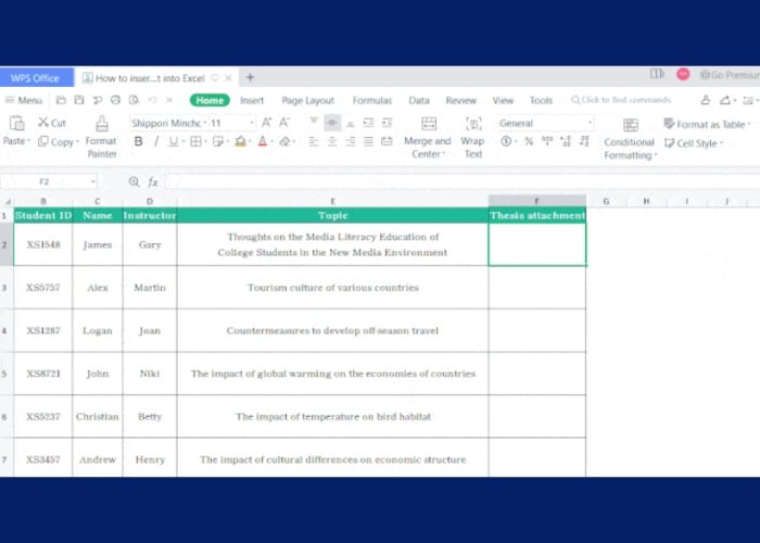 Chọn ô mà bạn muốn chèn tài liệu Word