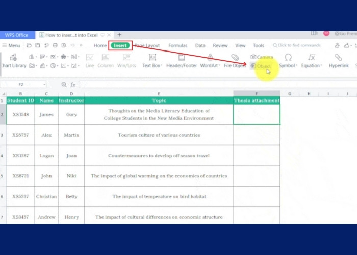 Chọn tab “Insert” nhấn nút “Object”