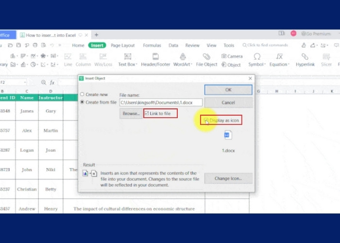 Tùy chọn “Link to file” và “Display as icon”