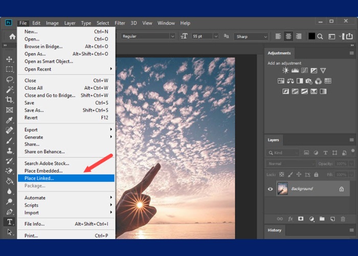 Vào "File" tiếp tục nhấn chọn "Place Linked..."