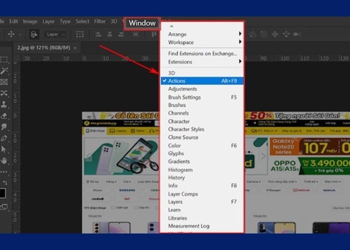 Click chọn "Window" > "Actions"