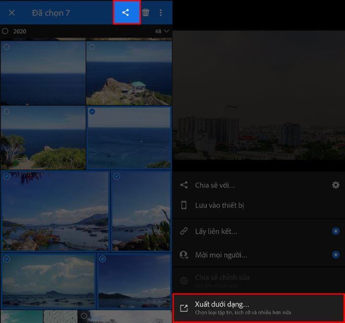Chọn biểu tượng “Chia sẻ” > chọn “Xuất dưới dạng”