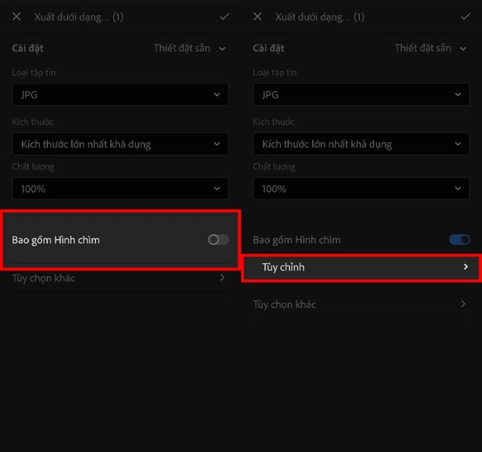 Chọn “Bao gồm hình chìm” > chọn “Tùy chỉnh”