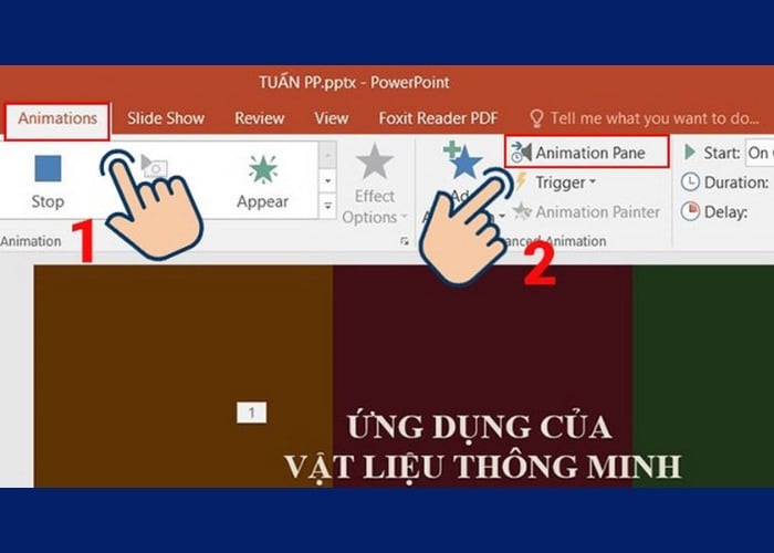 Chọn tab "Animations" tiếp tục nhấn vào "Animations Pane"
