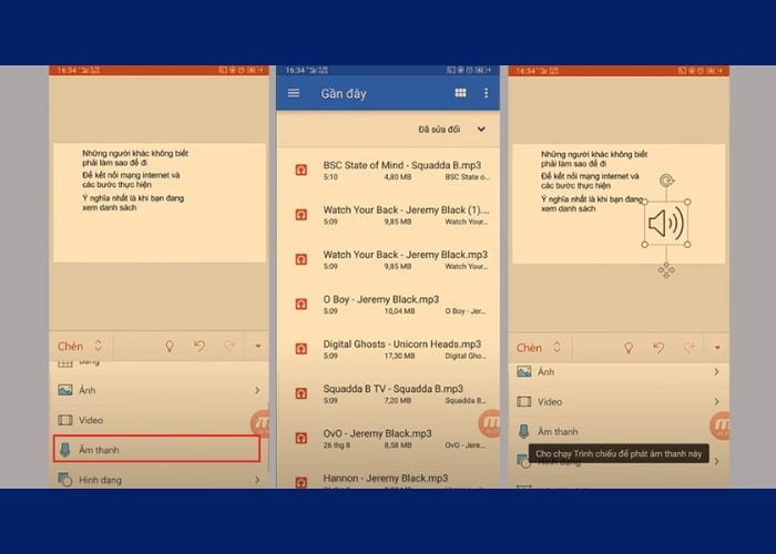 Chọn mục “Chèn” tiếp tục nhấn chọn “Âm thanh”