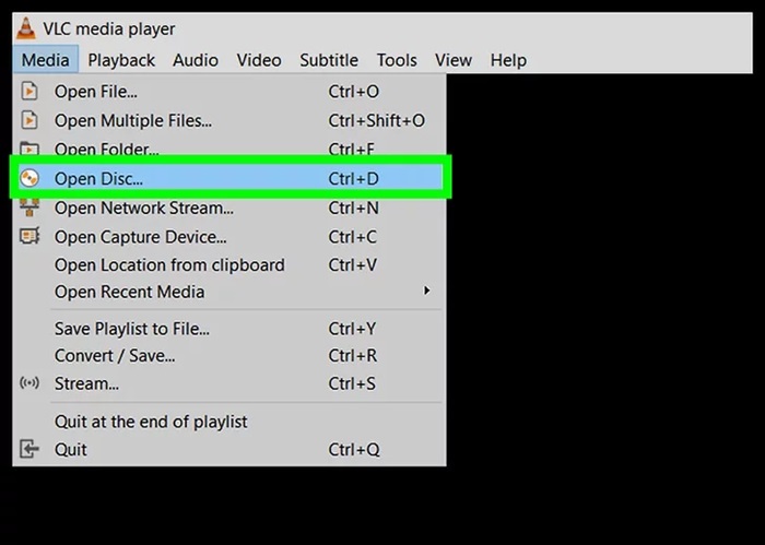 Chọn “Media” > “Open Disc”