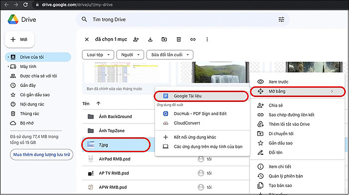 “Mở bằng” > “Google Tài liệu”