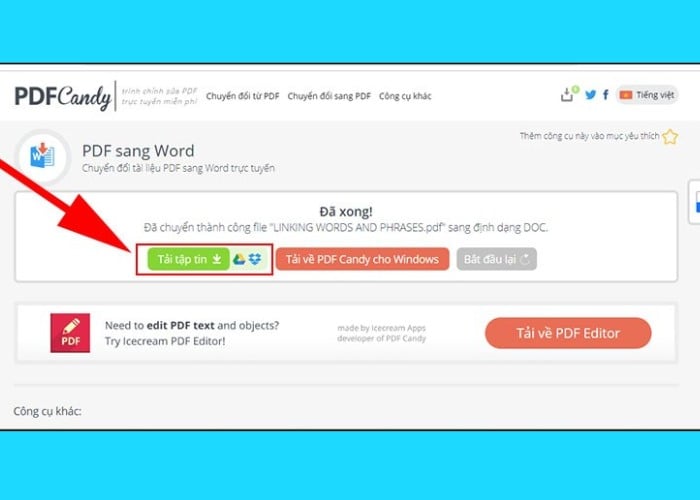 Nhấn "Tải tệp tin" để lưu file Word đã chuyển