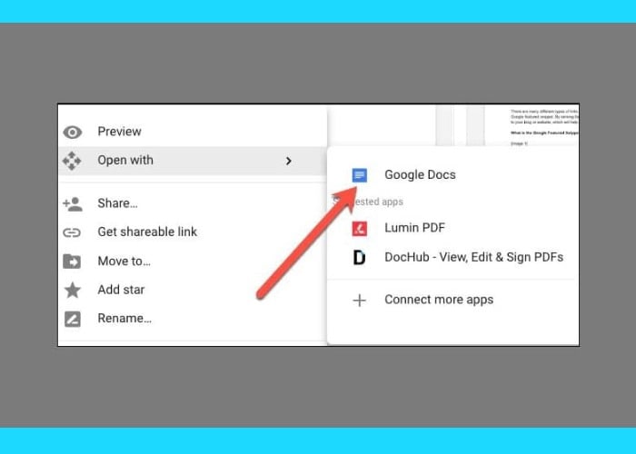 Nhấn chuột "Open With" sau đó chọn "Google Docs"
