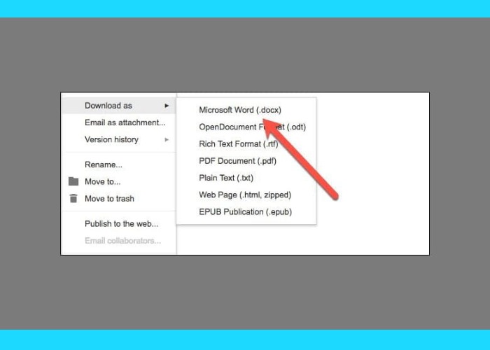 Chọn "Download as" tiếp tục nhấn "Word Document (.docx)" để lưu