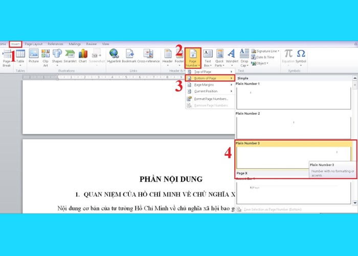 Chọn "Insert" tiếp tục chọn "Page Number"