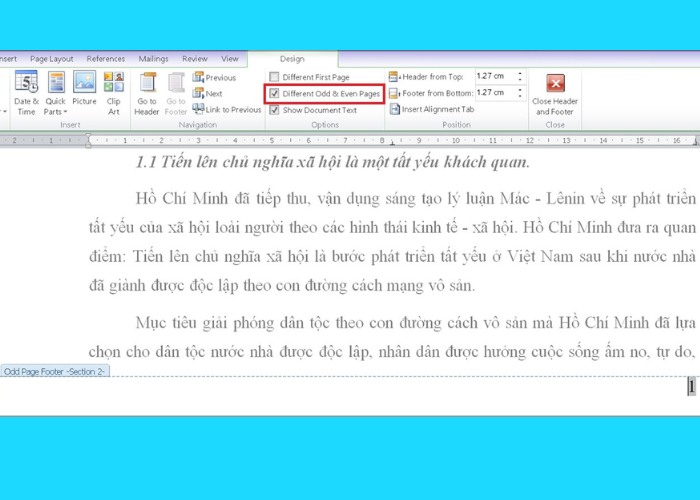 Chọn "Design" tùy chọn "Different Odd & Even Pages"