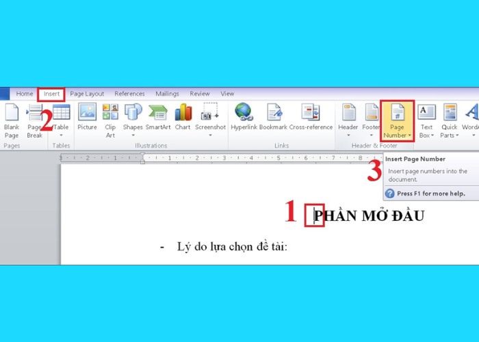 Nhấn "Insert" để chọn mục "Page Number"