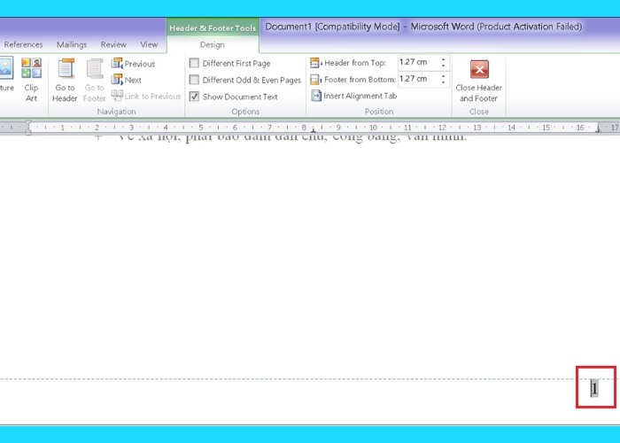Số thứ tự trang sẽ được tự động đánh