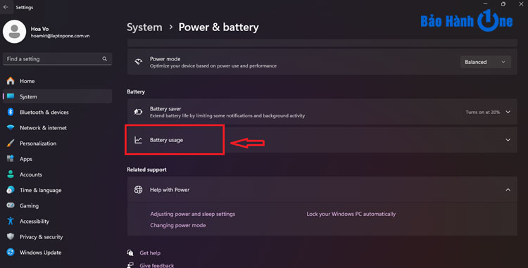 chọn “Power & battery”