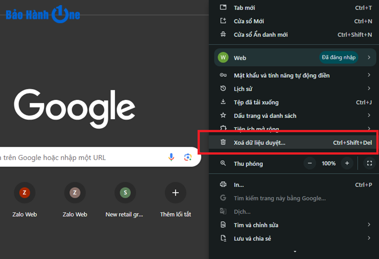 Chọn “Xóa dữ liệu duyệt”