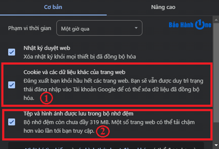 Đánh dấu vào các ô “Cookies và các dữ liệu trang web khác” và “Tệp và hình ảnh được lưu trong bộ nhớ đệm”