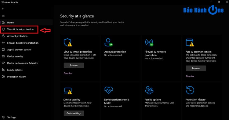 Chọn “Virus & threat protection”