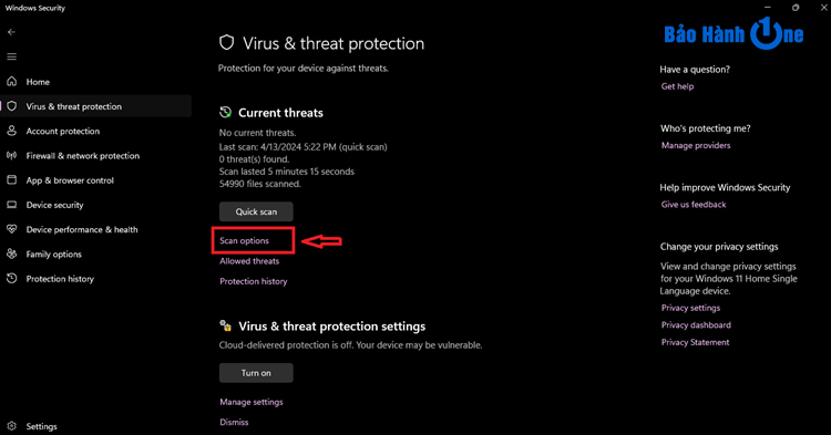 nhấp vào “Scan Options”