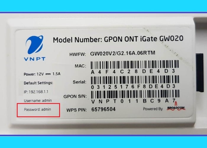 Nhập tên đăng nhập và mật khẩu mặc định