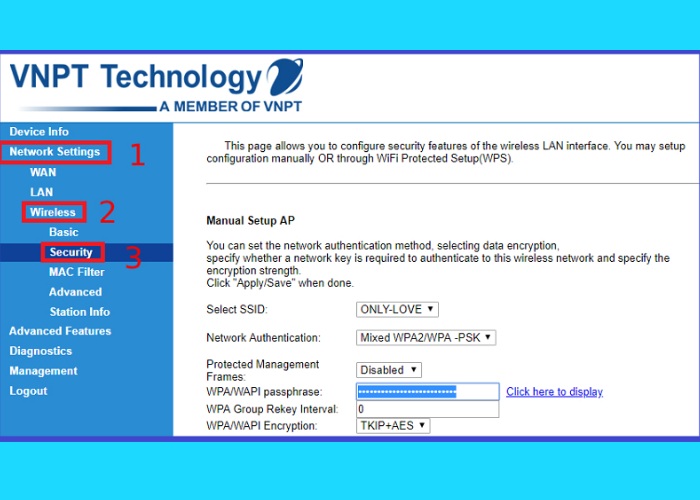 Vào mục Network Settings chọn Wireless tiếp tục nhấn Security