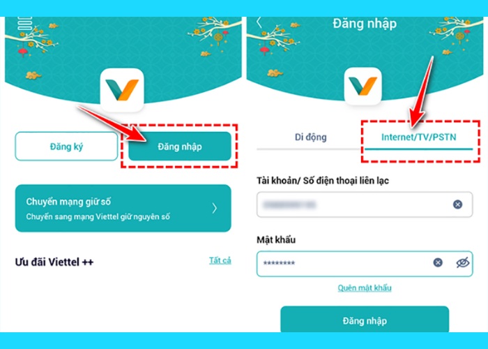 Đăng nhập tài khoản sau đó chọn mục "Internet/TV/PSTN"