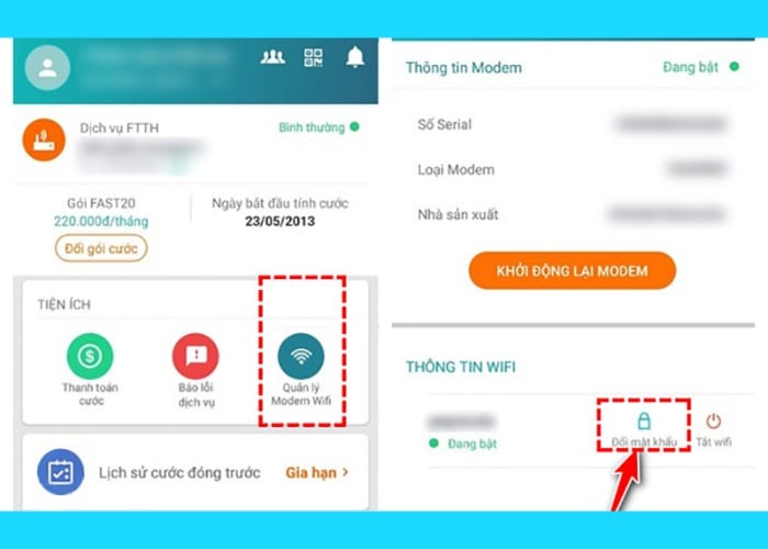 Nhấn vào "Quản lý Modem Wifi" chọn "Đổi mật khẩu"