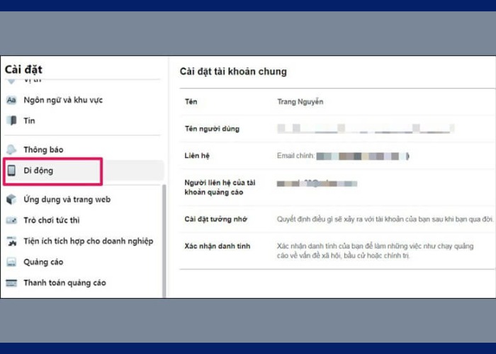 Trong "Cài đặt" chọn mục "Di Động"