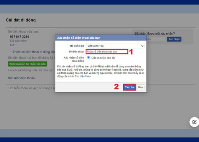 Nhập chính xác số điện thoại với mã quốc gia