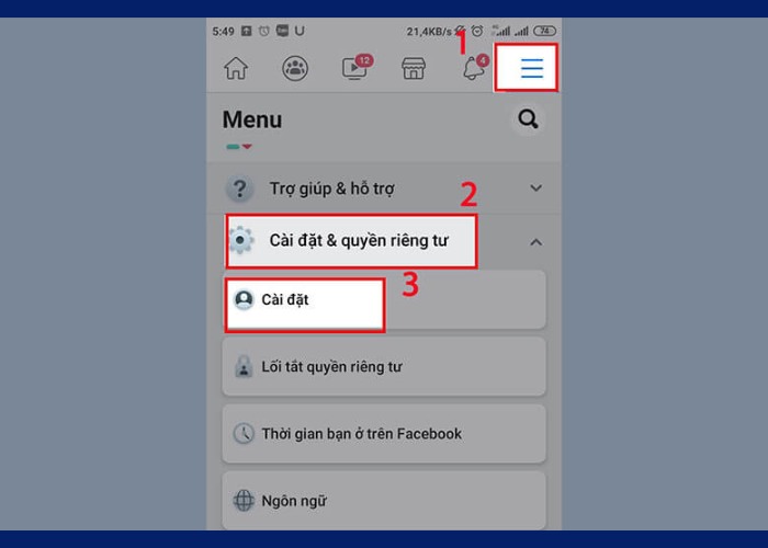 Vào "Cài đặt & Quyền riêng tư" click chọn "Cài đặt"