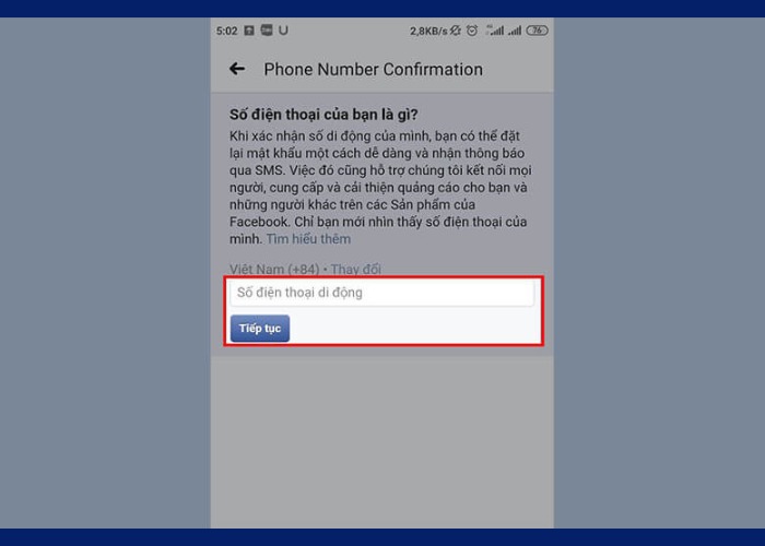 Nhập chính xác số điện thoại mới rồi click "Tiếp tục"