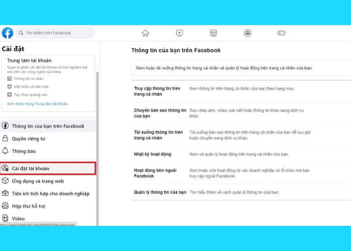 Vào "Cài đặt tài khoản" chọn "Ngôn ngữ và khu