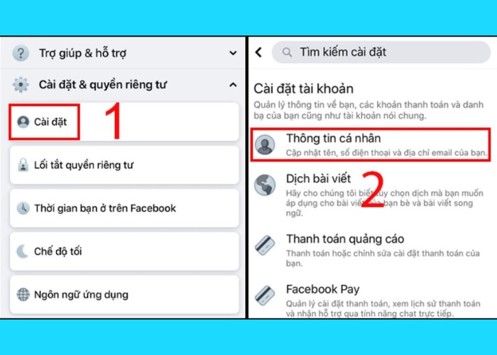 Chọn "Cài đặt" sẽ được điều hướng đến "Thông tin