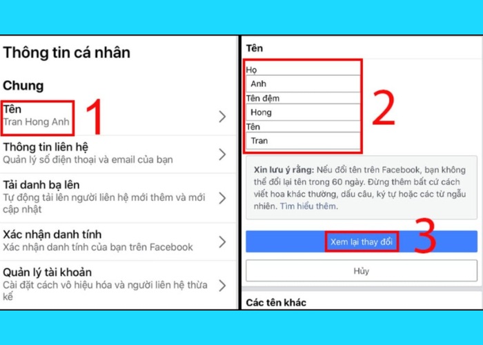 Tại mục "Chung" lựa chọn "Tên" rồi nhấn vào "Xem lại