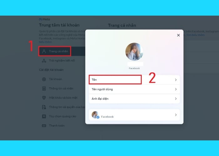 Tại mục "Trang cá nhân" sau đó chọn "Tên"