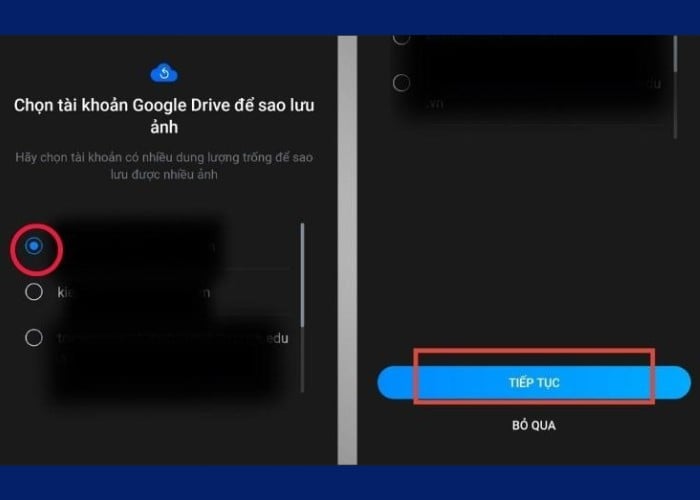 Chọn tài khoản Google Drive để lưu trữ sao lưu