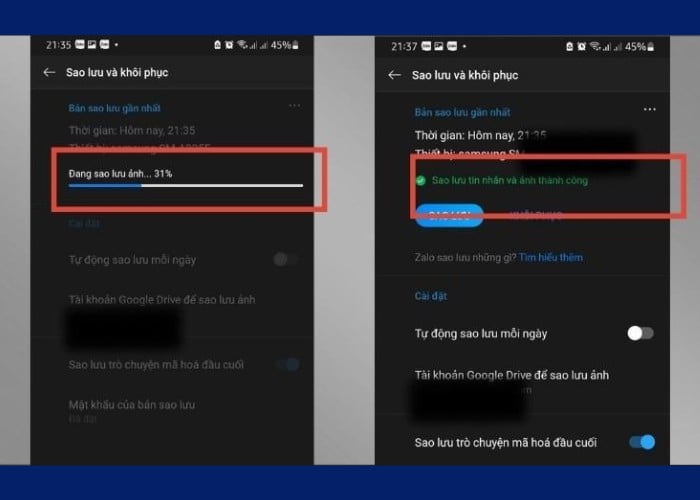 Zalo sẽ hiển thị thông báo sao lưu thành công