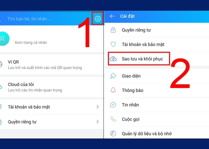 Nhấn vào “Cài đặt” tiếp tục chọn “Sao lưu và khôi